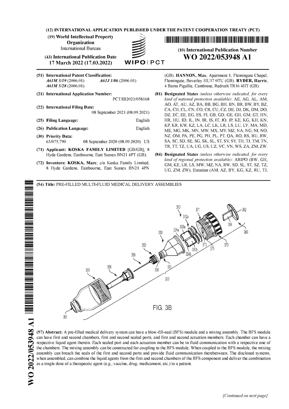 Front page of international patent publication WO 2022/053948, Pre-filled multi-fluid medical delivery assemblies