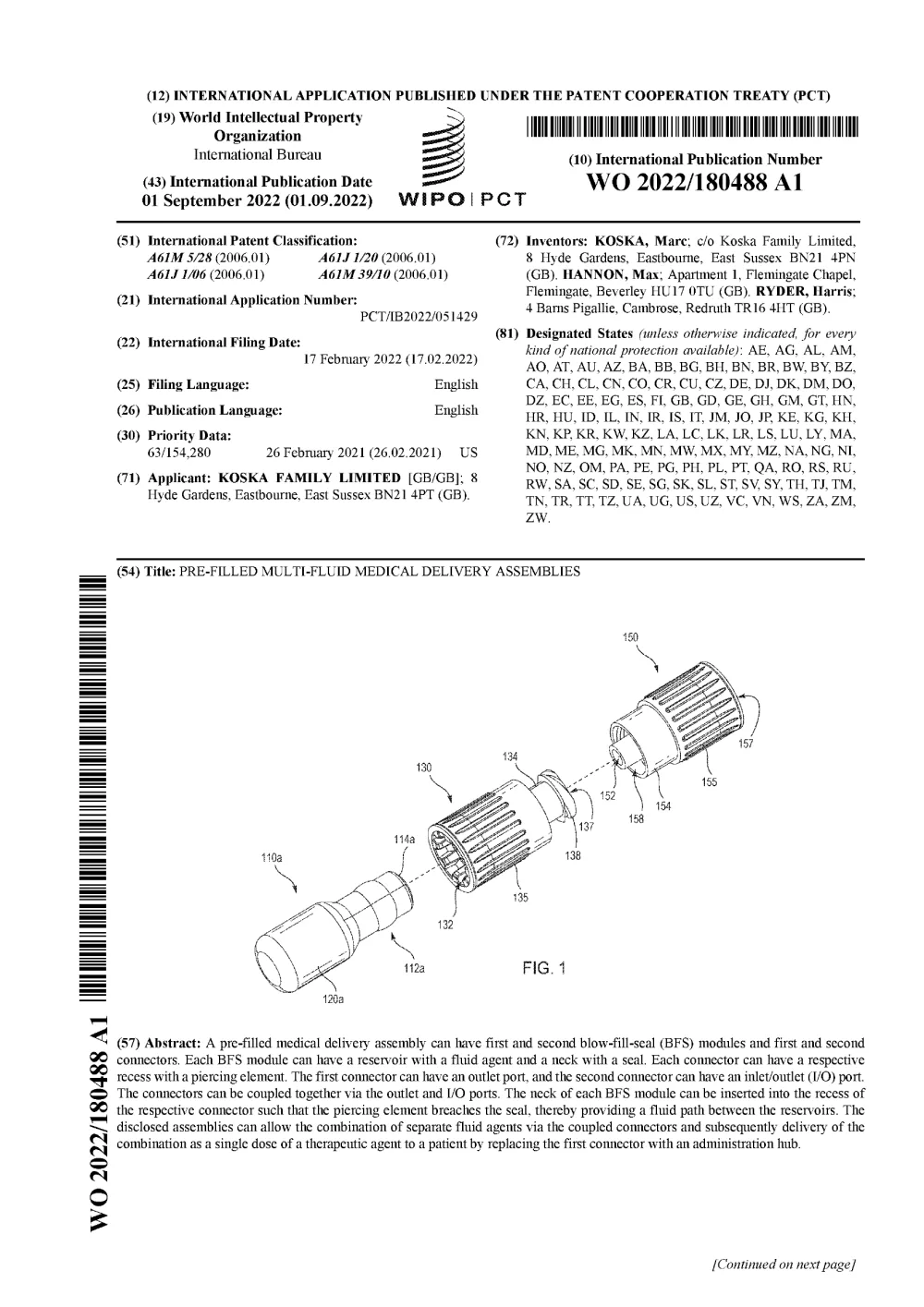 Front page of international patent publication WO 2022/180488, Pre-filled multi-fluid medical delivery assemblies