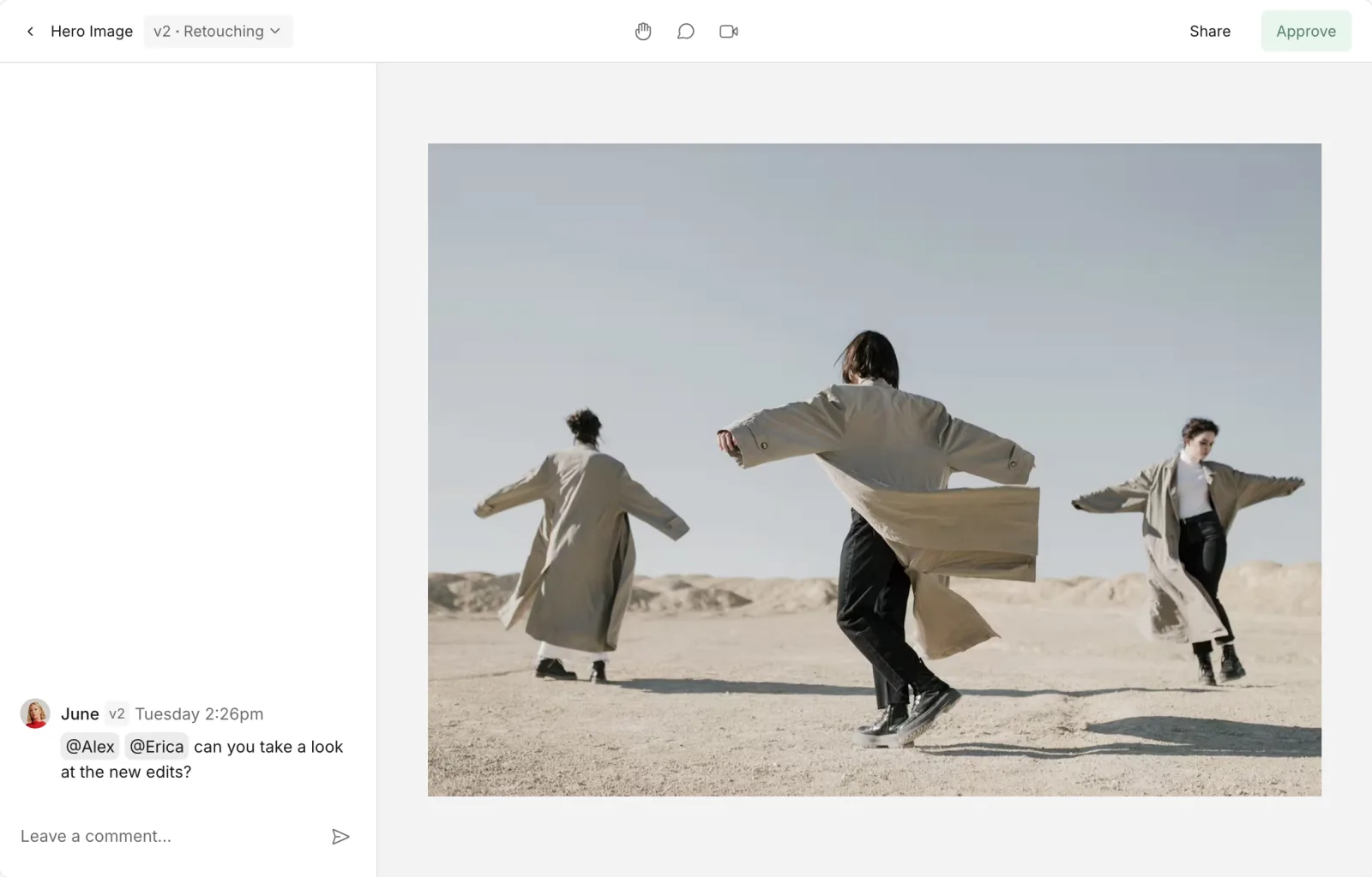 A Workflow review of a retouched hero image, with a comment asking for a look at the new edits