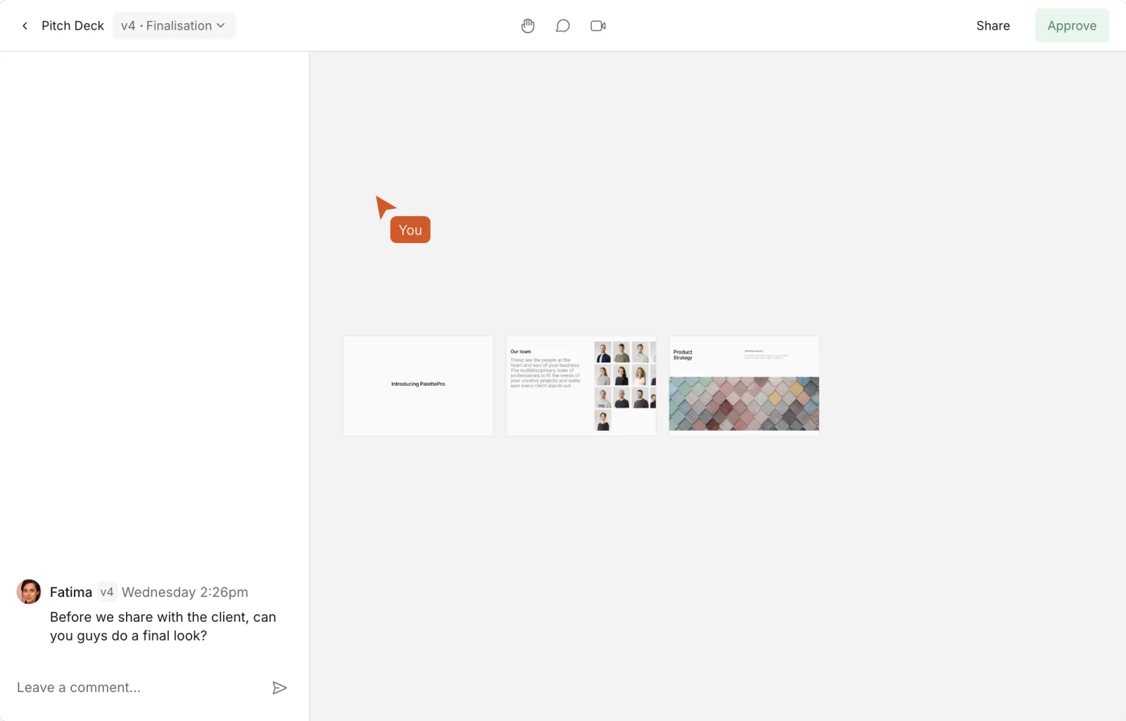 A Workflow review of a pitch deck's fourth version, three slides and one comment