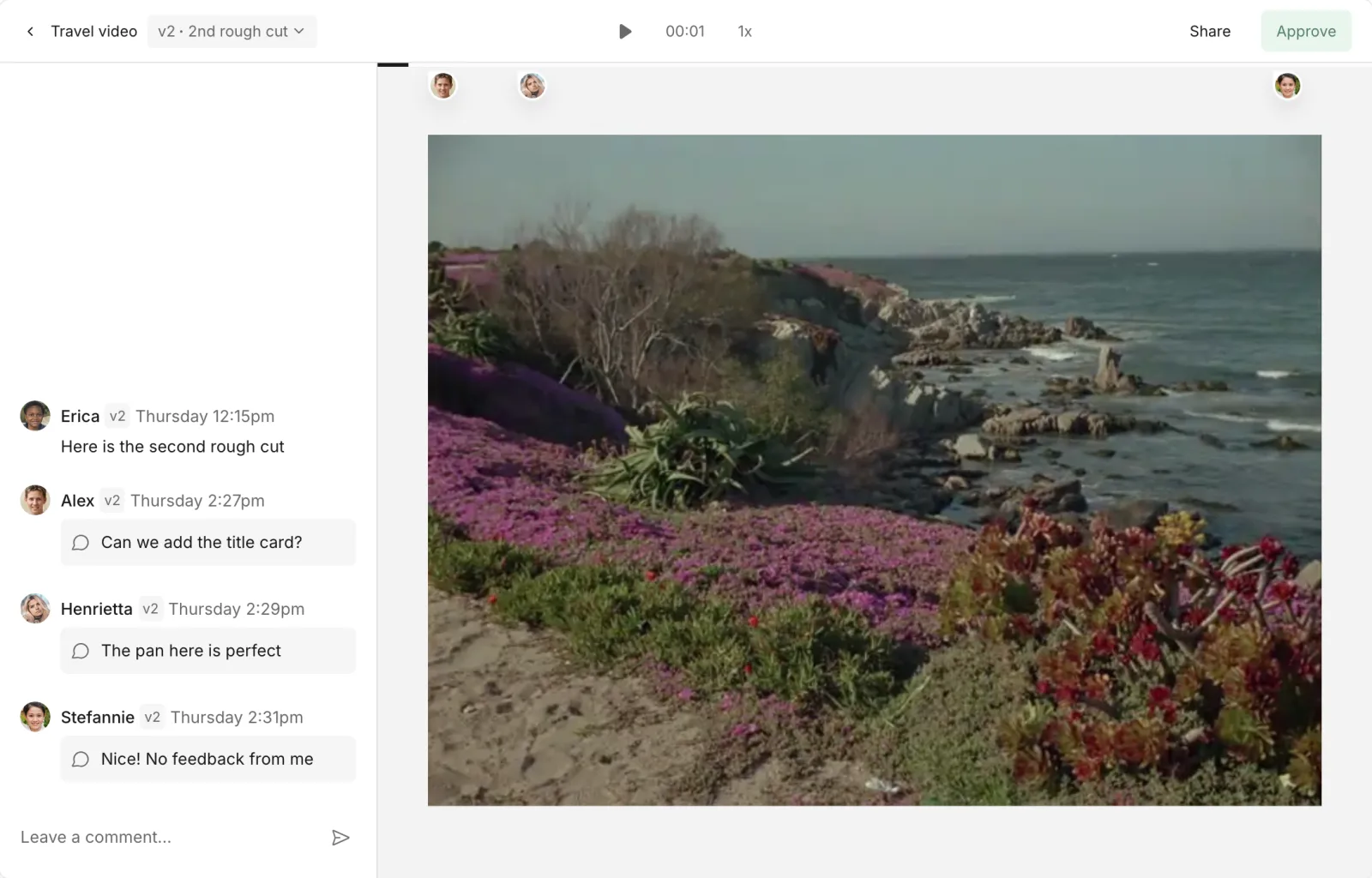 A Workflow review of a travel video's second rough cut, with four comments pinned to the timeline